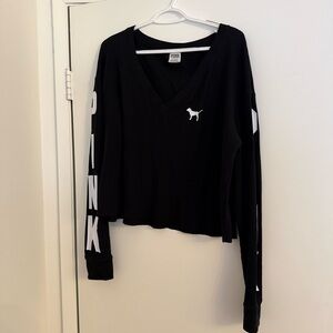 PINK Victoria's Secret Black Waffle Long Sleeve V-Neck Top